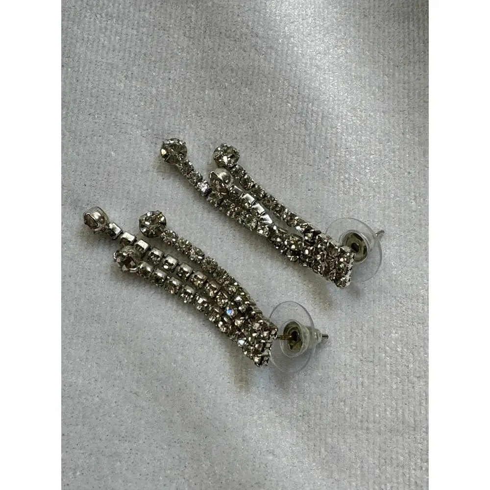 Vintage Clear Rhinestone Dangle Post Earrings Silver Tone Fringe 1.5